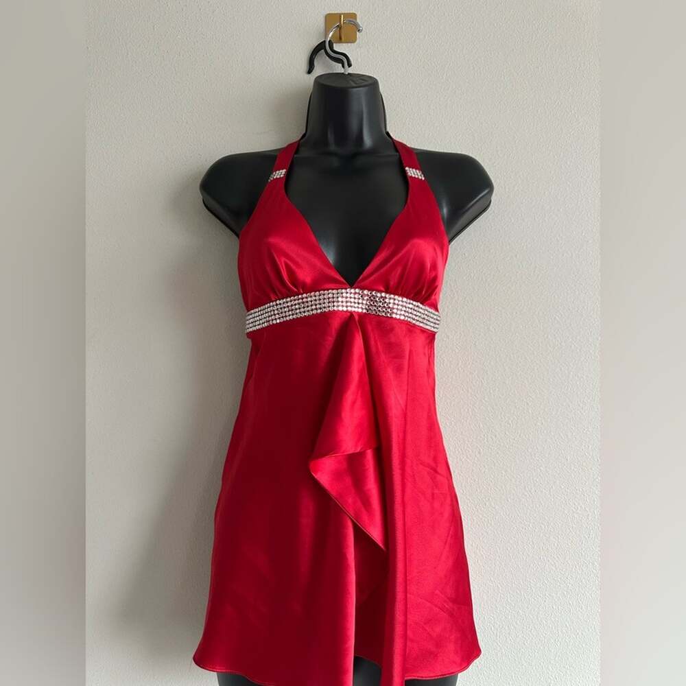 Vintage Y2K Victoria’s Secret Red Rhinestone Satin Babydoll Halter Top Slip XS